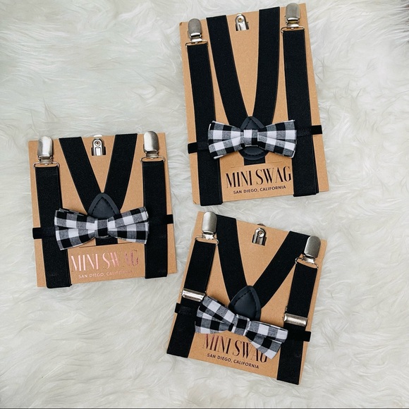 Mini Swag Brand Suspender & Bow Tie Set Black White Plaid for baby/children - Picture 1 of 5